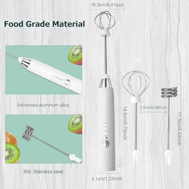EBUYFIRE Elektrischer Milchaufschäumer Stab, USB-wiederaufladbar, 3 Geschwindigkeiten, 2 Schneebesen, Edelstahl-Ständer für Latte, Kaffee, Matcha und Cappuccino – Bild 5
