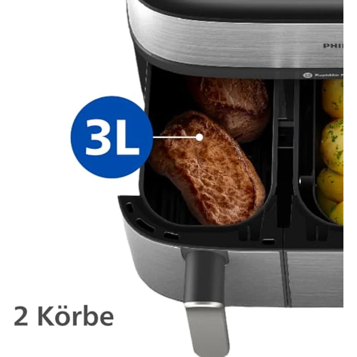 Philips Heißluftfritteuse 5000 Series NA555/00, Dual Basket mit Steam, 9L Kapazität, 2750 W, RapidAir Plus Technologie, Dampfreinigung, HomeID App, Silber – Bild 8