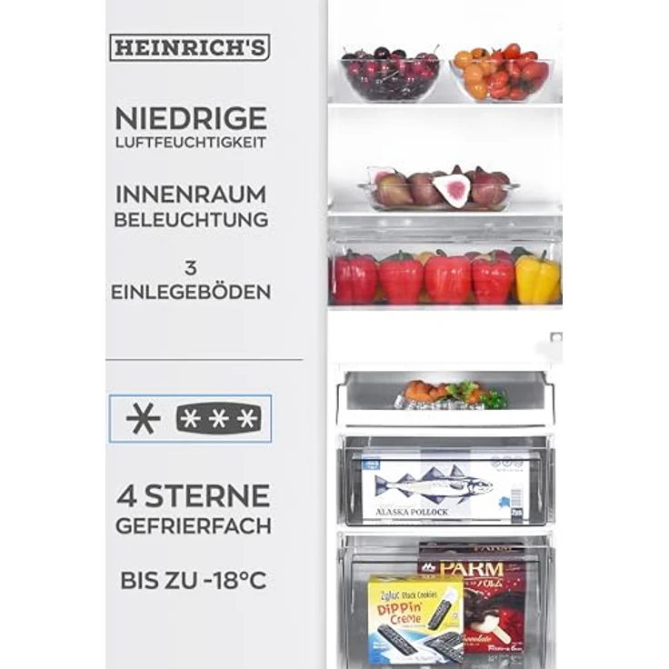 Heinrich´s Kühlgefrierkombination 173L, LED Beleuchtung, leise 40dB, große Tiefkühlboxen (weiß) – Bild 5
