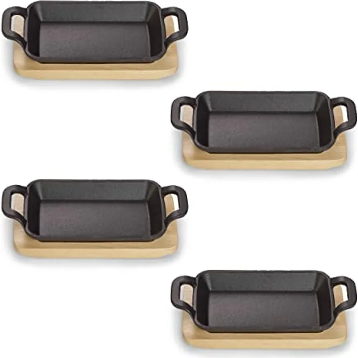 ECHTWERK Servierschalen Set aus Gusseisen, Servierschälchen, Mini Auflaufform mit Servierbrett, Geeignet für Backöfen, Grill und BBQ, Ø 10 cm, 4tlg, Schwarz