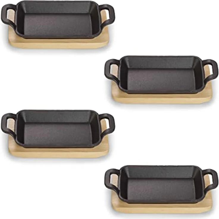 ECHTWERK Servierschalen Set aus Gusseisen, Servierschälchen, Mini Auflaufform mit Servierbrett, Geeignet für Backöfen, Grill und BBQ, Ø 10 cm, 4tlg, Schwarz – Bild 1