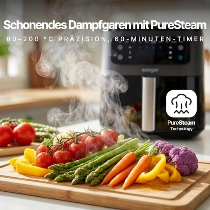 SEEGER SteamFry Heißluftfritteuse mit Dampffunktion, 7 Liter, 8 automatische Kochprogramme, Sichtfenster – Bild 3