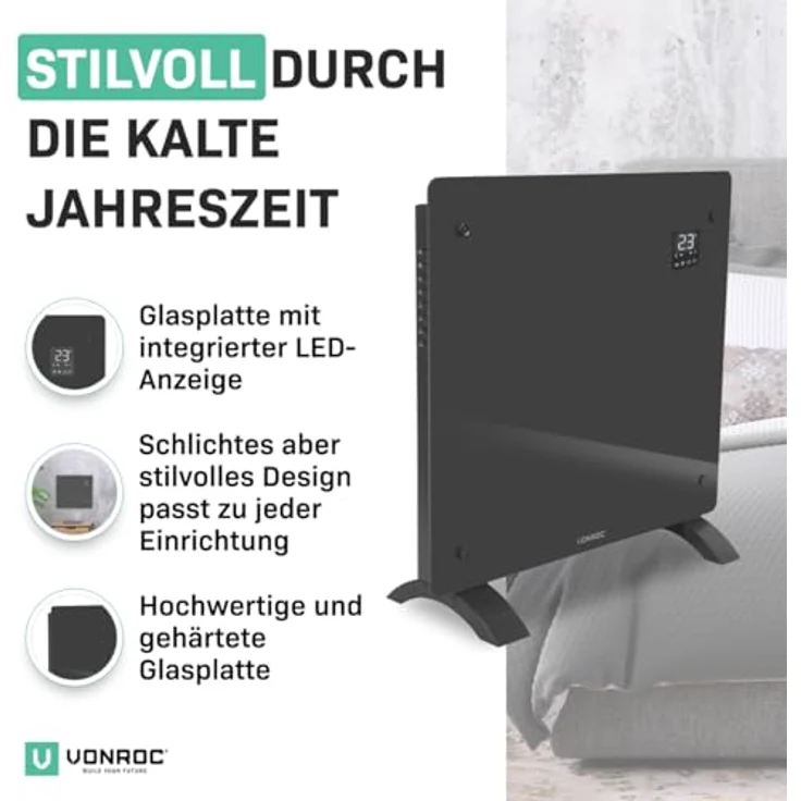 VONROC Elektroheizung, Konvektor-Heizung - Energiesparende elektrische Heizung bis 12m2 - 2 Stufen 500W & 1000W, Manuelle/App Steuerung - grau – Bild 2