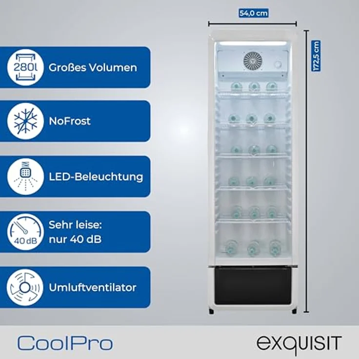 Exquisit GKS5260-GT-431D, Glastürkühlschrank mit 280l Volumen, 173 cm Höhe, Umluft, 5 verstellbare Ablagen, LED-Beleuchtung, weiß – Bild 3