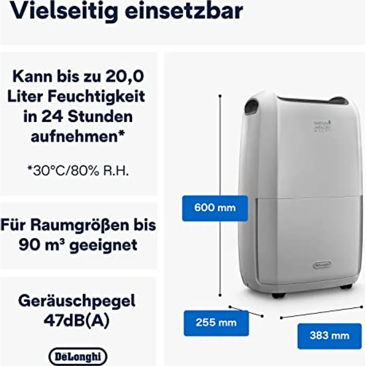 De'Longhi DDSX220 Luftentfeuchter AriaDry Raumluftentfeuchter 436 W, 20 Liter, 44 Decibel, Kunststoff, Weiß – Bild 2
