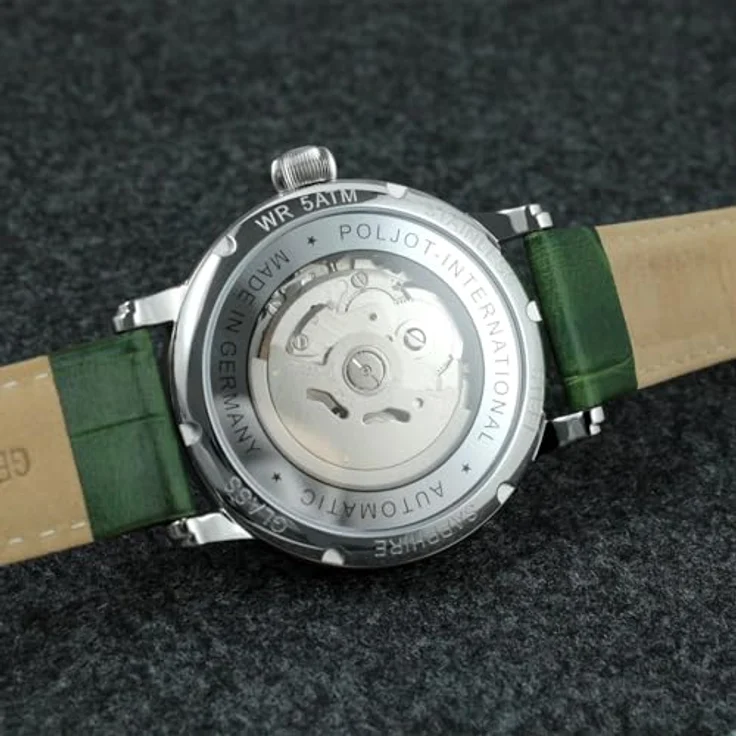 Poljot-International Herrenuhr Automatik Gorbatchov, grün, Edelstahlgehäuse, Lederarmband, kratzfest, leuchtend, Kalenderfunktion – Bild 4