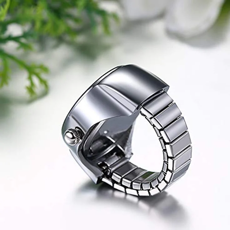 JewelryWe Ringuhr Fingeruhr für Herren und Damen, Elastisches Metallband, Runde Analog Quarz Uhr in Pink – Bild 4