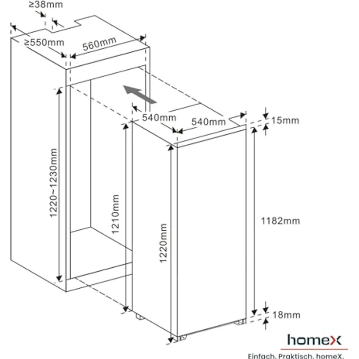 homeX CB1991E Einbaukühlschrank, 199 Liter, ohne Gefrierfach, Schlepptürtechnik, LED-Beleuchtung, 39 dB, für 122 cm Nische – Bild 3