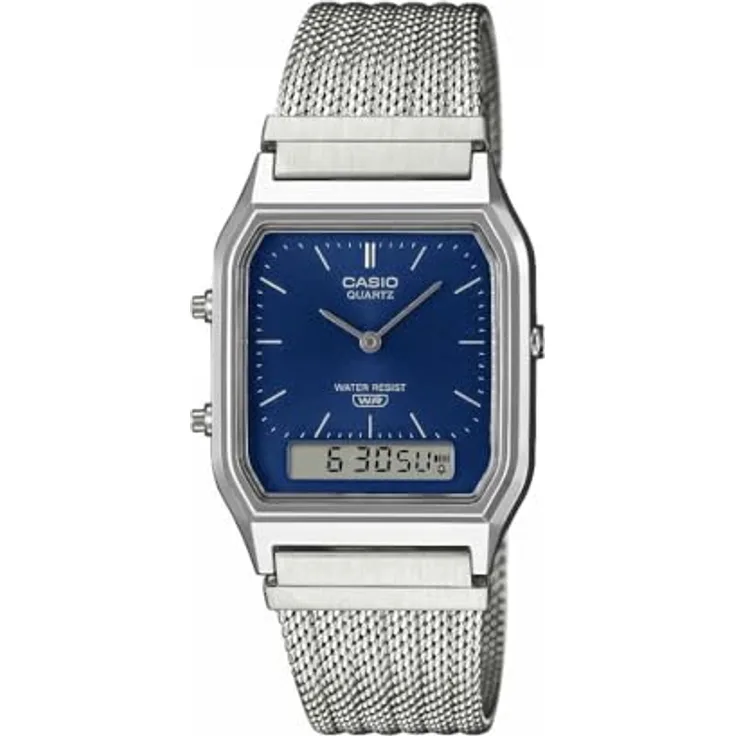 Casio AQ-230EM-2A, Analoguhr mit Digitalanzeige, blaues Zifferblatt, silbernes Edelstahlarmband, Stoppuhr, Alarm, 3 bar wasserdicht