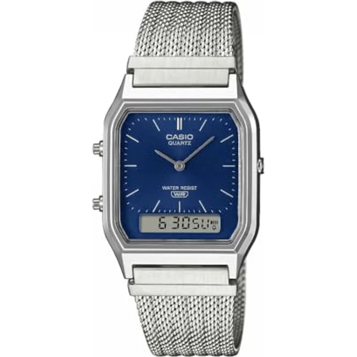 Casio AQ-230EM-2A, Analoguhr mit Digitalanzeige, blaues Zifferblatt, silbernes Edelstahlarmband, Stoppuhr, Alarm, 3 bar wasserdicht – Bild 1