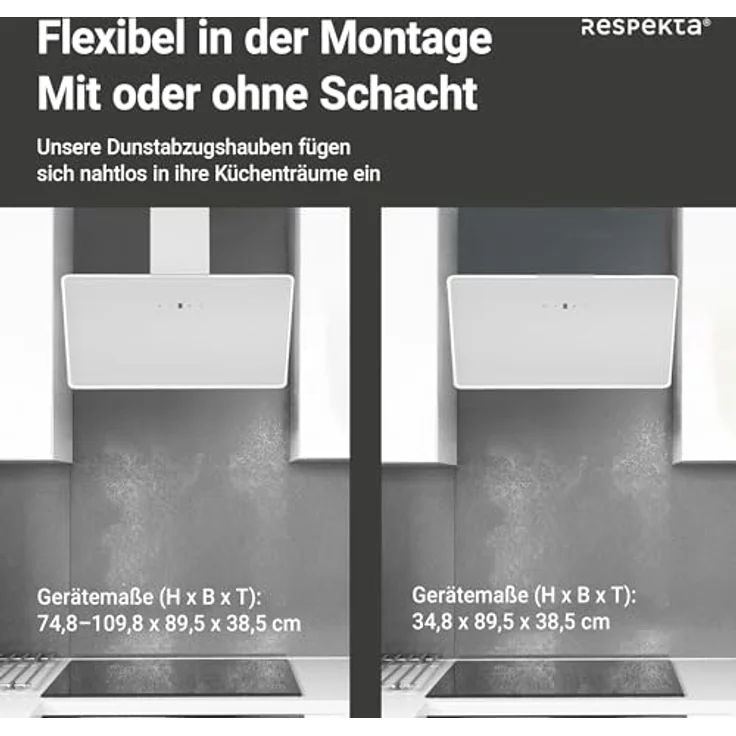 Respekta Schräghaube Lora 90 cm, Dunstabzugshaube in Weiß, EEK A++, 207,2 m³/h Luftstrom, Touch Control, LED-Beleuchtung – Bild 8