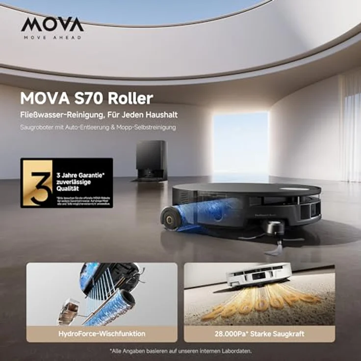 Mova S70 Roller, Saugroboter mit 28.000Pa Saugkraft, HydroForce-Wischen, MaxiReach-Technologie, CovertSense-Navigation, ultraflaches 90mm Gehäuse, All-in-One-Basisstation – Bild 2