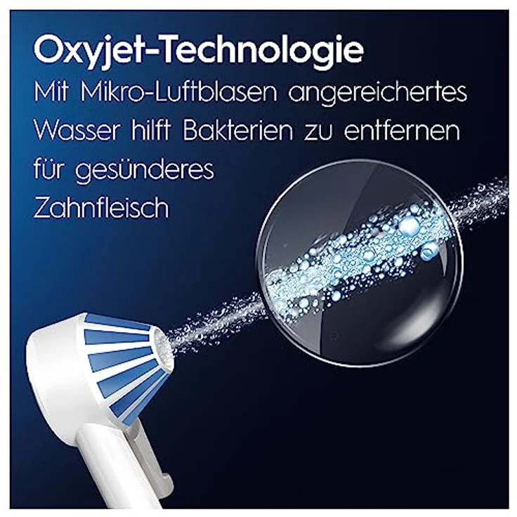 Oral-B Pro 1 Elektrische Zahnbürste mit OxyJet Munddusche, 2 Aufsteckbürsten, 2 Ersatzdüsen, Set für Zahnreinigung und Zahnpflege, Geschenk Mann/Frau, Designed by Braun, weiß/blau – Bild 5