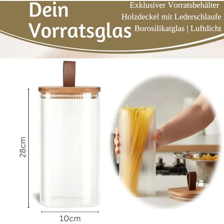 LS-LebenStil Vorratsdose aus Glas 1900ml, Luftdichter Vorratsbehälter mit Holzdeckel und Lederschlaufe, 28x10cm, ideal für Pasta und Müsli – Bild 2