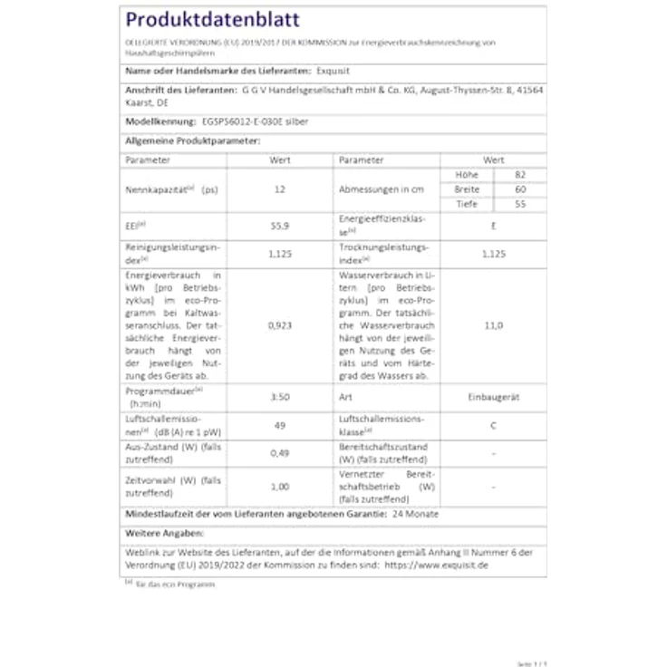 Exquisit EGSP56012-E-030E, vollintegrierter Einbaugeschirrspüler 60cm, 12 Maßgedecke, 11 Liter Verbrauch, 4 Spülprogramme, ECO-Modus, silber – Bild 10