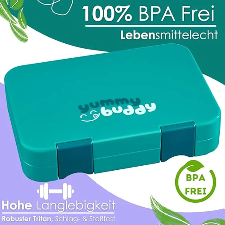 ecosa YummyBuddy Snackbox, Brotdose für Kinder mit 6 Fächern, auslaufsicher, BPA-frei, spülmaschinenfest, Pauli Petrol – Bild 5