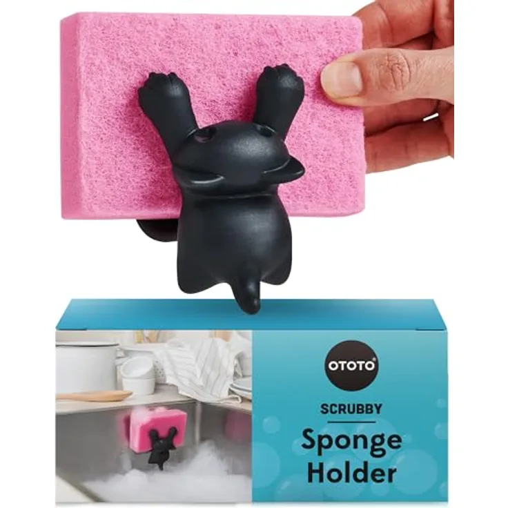 OTOTO Scrubby Schwammhalter für Küchenspüle, graue Katze, spülmaschinenfest, rostfrei, 9,9 x 7,9 x 9,9 cm