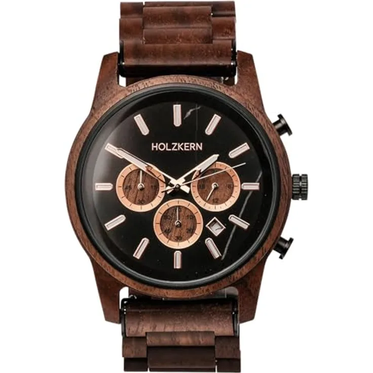 HOLZKERN Herrenuhr Quarz Chronograph Buschwerk Walnuss/Marmor, schwarzes Zifferblatt, braunes Holzarmband mit Kalenderfunktion