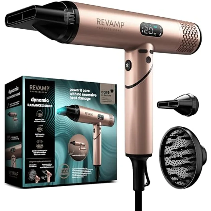 REVAMP Dynamic Radiance X Shine Ionen Styling Föhn, Haartrockner klappbar - 3 magnetische Aufsätze, digitaler intelligenter Motor, Reise Lockenföhn - Schwarz