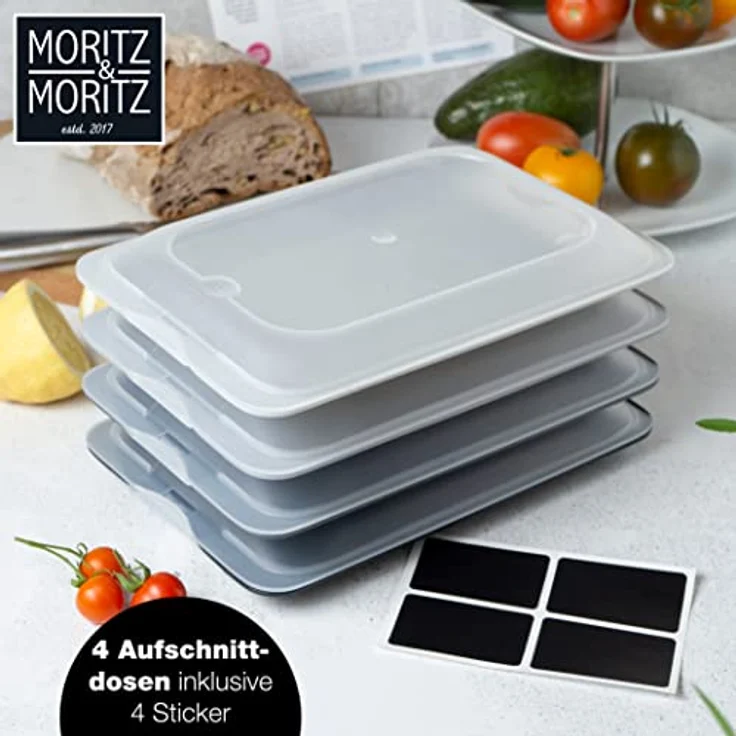 Moritz & Moritz 4er Set Aufschnittbox stapelbar – Frischhaltedosen mit Deckel zur Aufbewahrung von Wurst, Käse, uvm. – inkl. Tafelsticker zum Beschriften - Grautöne - Preisvergleich – Bild 2