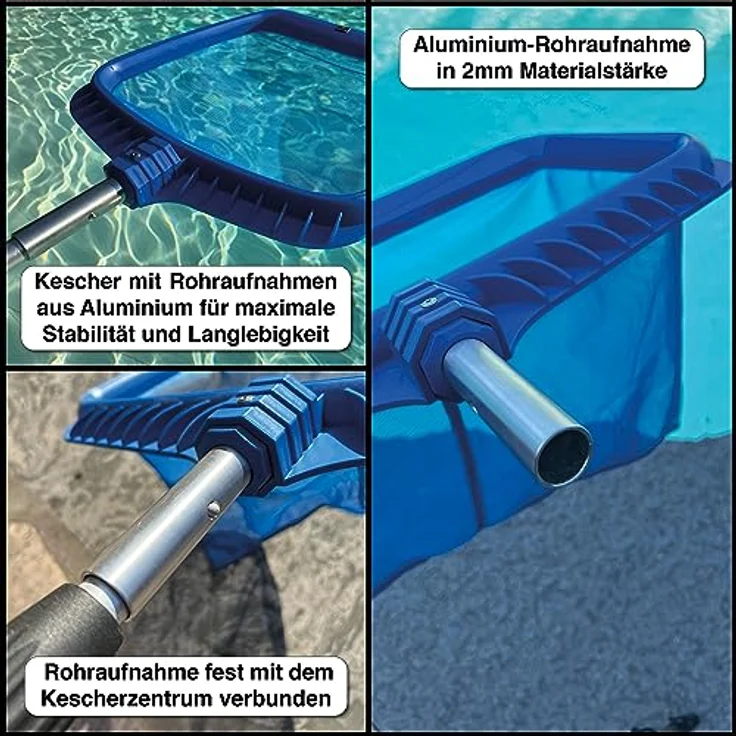 FenWi 4m Komplett Set zur Poolreinigung und Teichreinigung / 2x Kescher und 2x Bürste / Teleskopstange mit Oberflächenkescher Tiefenkescher Poolbürste Teichbürste – Bild 4