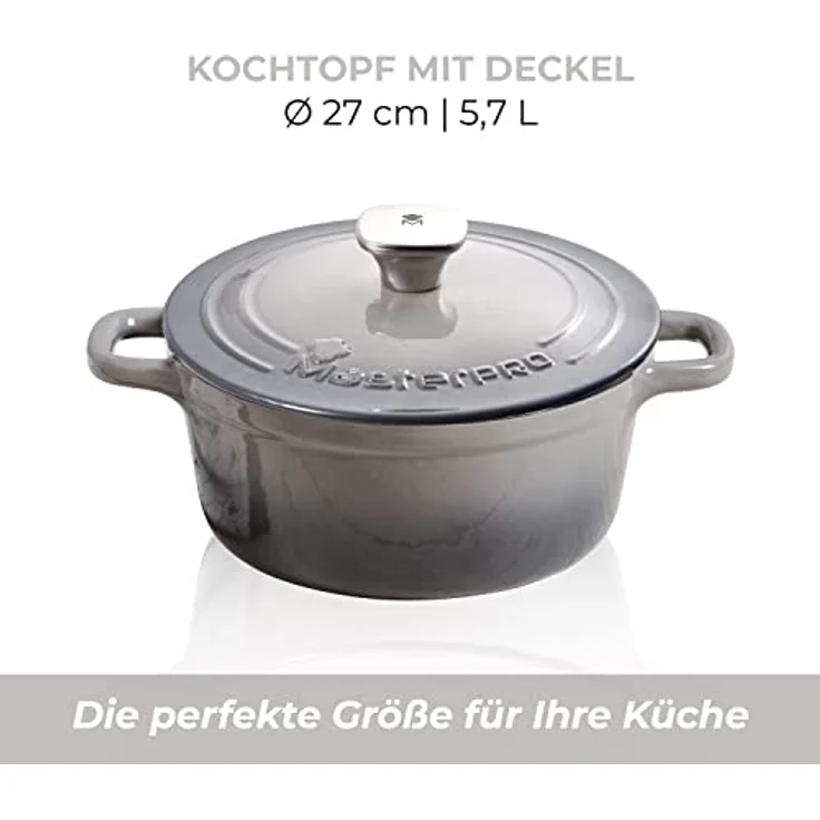 MasterPro Unique, Kochtopf 27cm mit Deckel, weiß, aus Gusseisen, ergonomische Griffe, für alle Herdarten geeignet – Bild 3