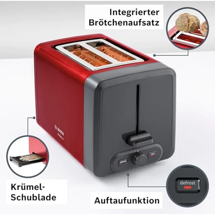 Bosch TAT4P424DE DesignLine Kompakt-Toaster, Auftau-Aufwärmfunktion, versenkbarer Brötchenaufsatz, Abschaltautomatik, 970 W, rot – Bild 3