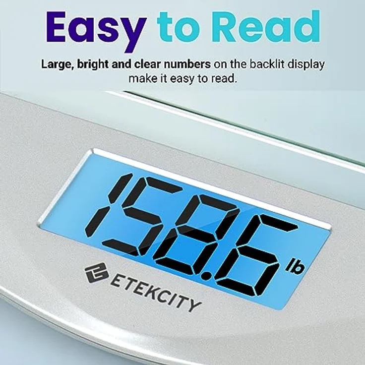 ETEKCITY Personenwaage digital, Gewichtswaage mit großer blauen LCD-Hintergrundbeleuchtung, hochpräzise Messungen, 6 mm gehärtetes Glas, 180 kg, Silber, 1 Stück (1er Pack) – Bild 3