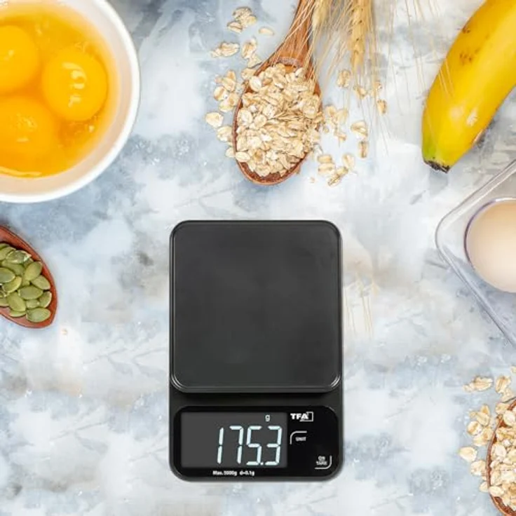 TFA Dostmann Digitale Küchenwaage Cookie 50.2009, bis 5kg, mit Tara-Funktion und beleuchtetem LCD-Display, flach & kompakt, schwarz – Bild 2