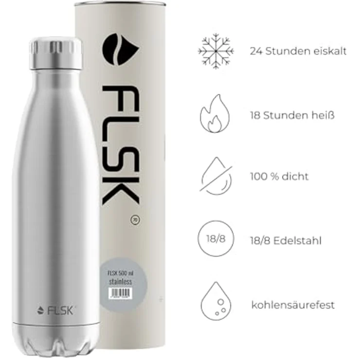 FLSK Trinkflasche 500 ml, Premium Edelstahl Thermosflasche, 100 % auslaufsicher, kohlensäuregeeignet, hält 24 h kalt & 18 h heiß, BPA-frei, stainless – Bild 3