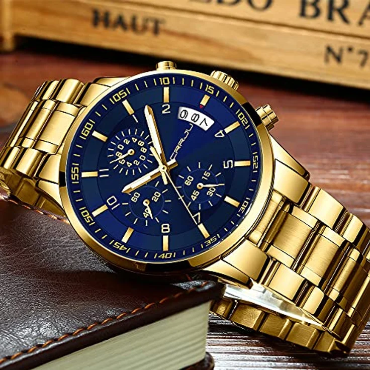 CRRJU Herren Chronograph Armbanduhr, wasserdicht 30m, Edelstahlarmband, analog mit Kalender, Gold Blau – Bild 3