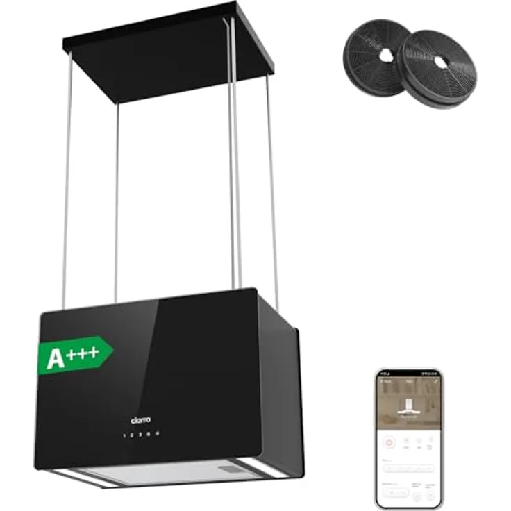 CIARRA CBCB4850 A+++ Inselhaube Umluft Dunstabzugshaube 48cm mit Smart Wi-Fi App, 700m³/h, 4 Stufen Booster, Glas, schwarz, inkl. Aktivkohlefilter CBCF003