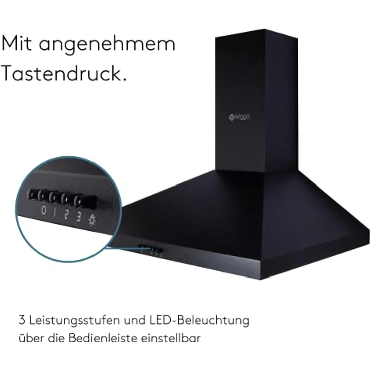 Wiggo Dunstabzugshaube 60cm I Wandhaube für Abluft oder Umluft Dunstabzug 300m³/h mit LED-Beleuchtung & 3 Leistungsstufen I Wandhaube inkl. Fettfilter & 2x Kohlefilter I Abzugshaube Schwarz – Bild 4
