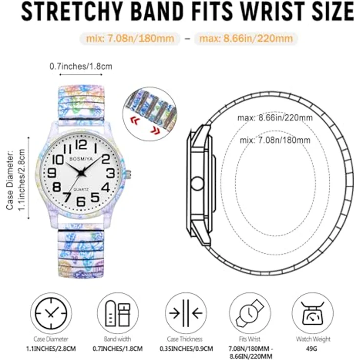 JewelryWe Damen Armbanduhr, Elastisches Edelstahlarmband mit Böhmischen Schmetterling Blumen Druck, Analog Quarz Uhr mit großen arabischen Ziffern, Wasserdicht 1 ATM – Bild 4