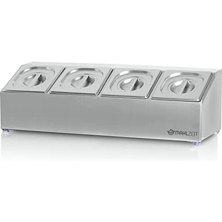 Mahlzeit Edelstahl Zutatenbehälter | 4 x 1/6 GN Catering Behälter mit Gummifüßen, 68,5 x 24,5 x 21,5 cm | Cocktail Zutatenbehälter für Gastro, Küche, Pizza Station, Buffet Zubehör, Salatbar – Bild 1