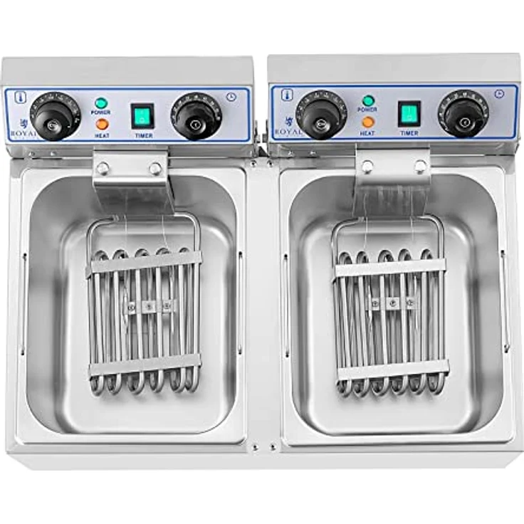 Royal Catering Fritteuse Edelstahl Doppel-Fritteuse RCTF-13DH (2 x 13 L, 2 x 3200 W, 230 V, 60–200 °C, Timer 60 min, inkl. 2 x Korb mit Deckel) – Bild 3