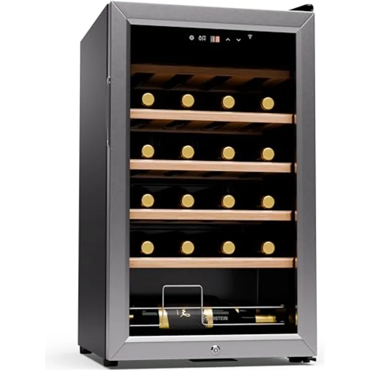 Klarstein Weinkühlschrank, 1 Zone Getränkekühlschrank, Leiser Indoor/Outdoor Kühlschrank, 63 Liter Flaschenkühlschrank Klein, Weinkühler für 24 Flaschen, 5-18°C, Gebürsteter Edelstahl