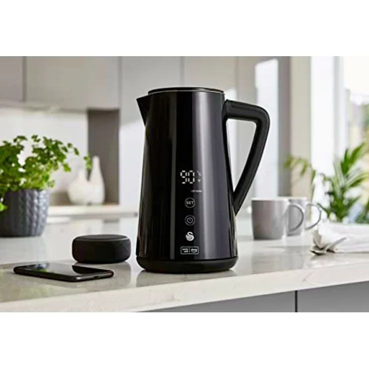 Swan Alexa Wasserkocher WIFI Smart Kettle 1,5L, mit Temperatureinstellung, Schwarz, Kabellos, LED-Touchscreen, Warmhaltefunktion, Cool Touch, Isolierte Edelstahlwand, 1800W, SK14650BLKNEU – Bild 3
