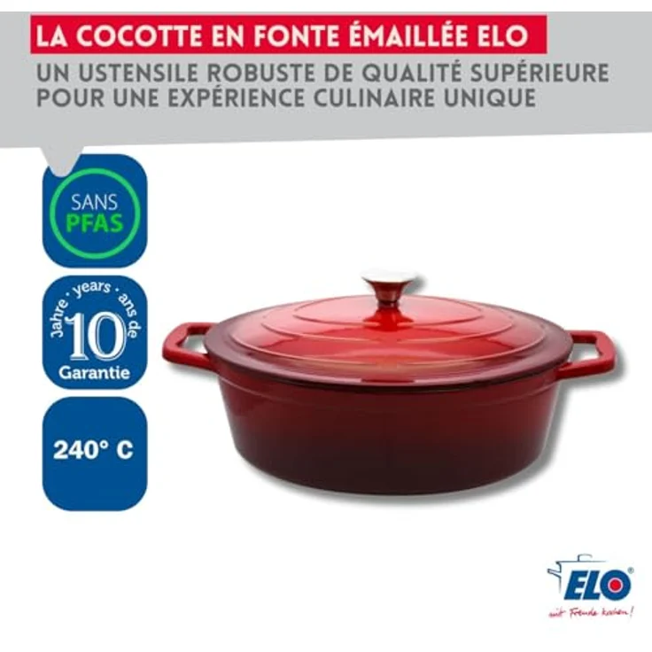 ELO 3073326 Schmortopf aus emailliertem Gusseisen antihaftbeschichtet mit Deckel, kirschrot, backofengeeignet, Kochtopf für alle Herdarten, Kochtopf Induktion, 33 cm, 5 l, 4-6 Personen - ELO Schmortopf 33 cm, 5 l, kirschrot, antihaftbeschichtet, für Herd und Backofen geeignet – Bild 3