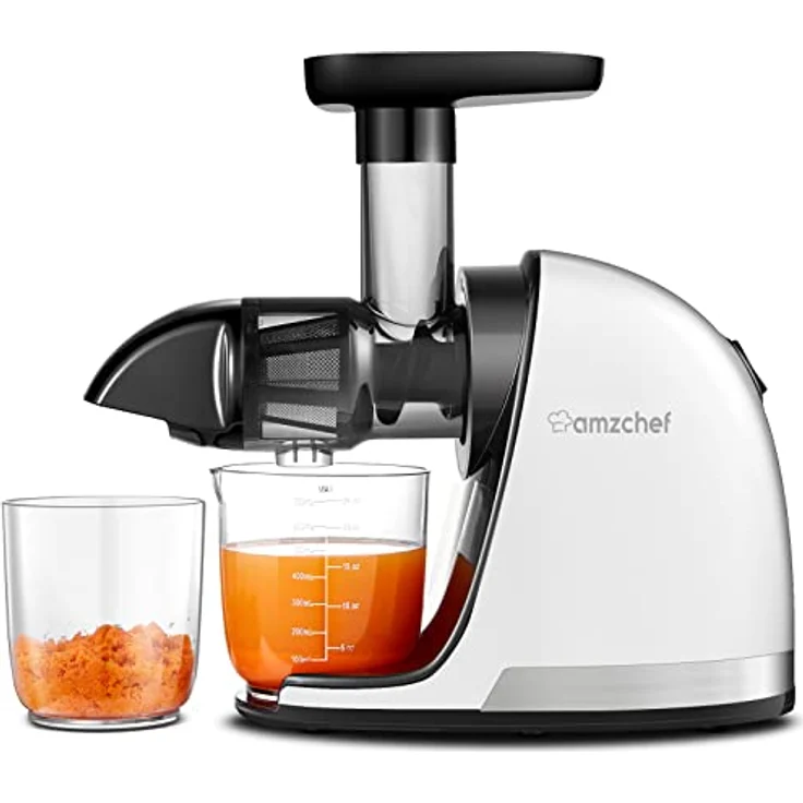AMZCHEF Entsafter Gemüse und Obst Testsieger - Slow Juicer mit Rückwärts-Kau-Funktion - Zerkleinern ohne Filtern - Elektrische Saftpresse mit Bürste und 2 Tassen - Rein-weiß – Bild 1