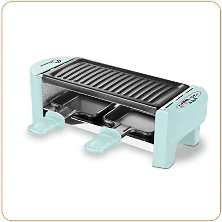 LITTLE BALANCE 8617 Raclette 2 Meuuh…!, Raclette 1/2 Personen, abnehmbarer Grill, 2 Spatel + 2 Bretter, Antihaftbeschichtung, 1 oder 2 Personen, 320 W, hellblau