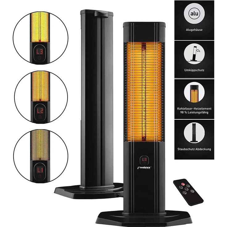 Phönix Carbon Infrarot Standheizstrahler Heizstrahler Terassenheizung 2000W mit Fernbedienung, Heizstrahler – Bild 2