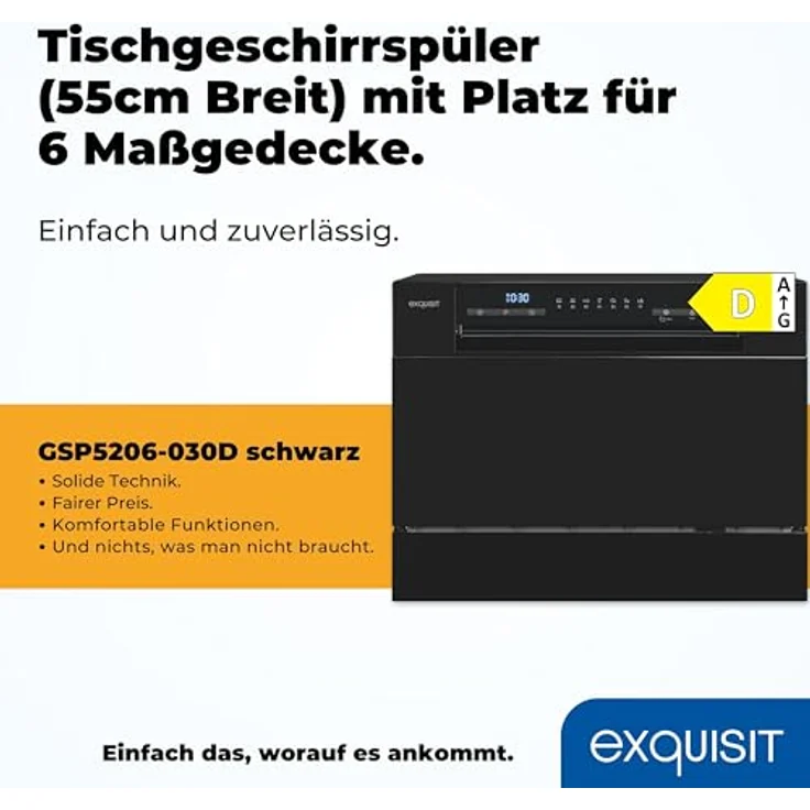 Exquisit GSP5206-030D, Geschirrspüler 55 cm, 6 Maßgedecke, Restlaufanzeige, schwarz, Standgerät – Bild 2