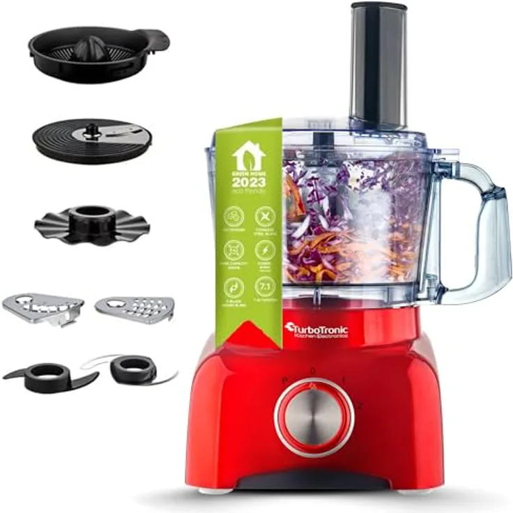 TurboTronic FP800 Küchenmaschine, 800 W mit 1,2 L BPA-freiem Behälter, Zerkleinerer, Zitruspresse, Mixer, multifunktional, schwarz-rot, 13-teiliges Zubehörset