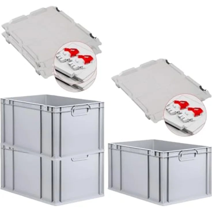 PROREGAL Eurobox NextGen Economy, SuperSparSet 3x mit Scharnierdeckel und roten Verschlüssen, 65 Liter, HxBxT 32x40x60cm, robust und lebensmittelecht
