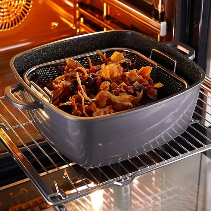 STONELINE Multi-Eckpfanne, 28 x 28 cm, Aluguss, Antihaftbeschichtung mit echten Steinpartikeln, grau, induktionsgeeignet, mit Dampf- und Frittierfunktion – Bild 4