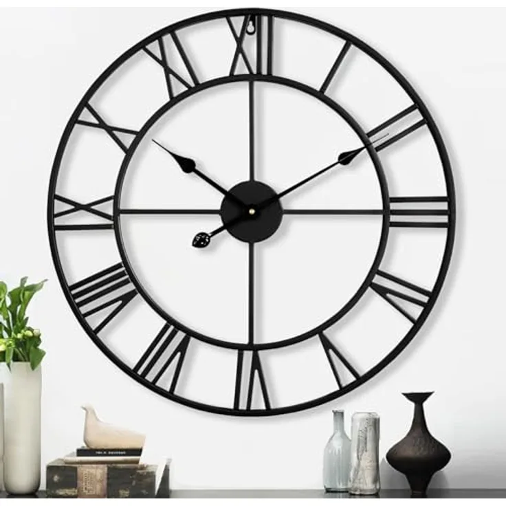 Samilito Große Wanduhr im Vintage-Stil, rund, geräuschlos, schwarz, 2cm Dicker Rahmen, Gratis EIN Extraset Uhrzeiger in Gold, Metalluhr für Lof Wohnzimmer, Schlafzimmer und Küchendekoration
