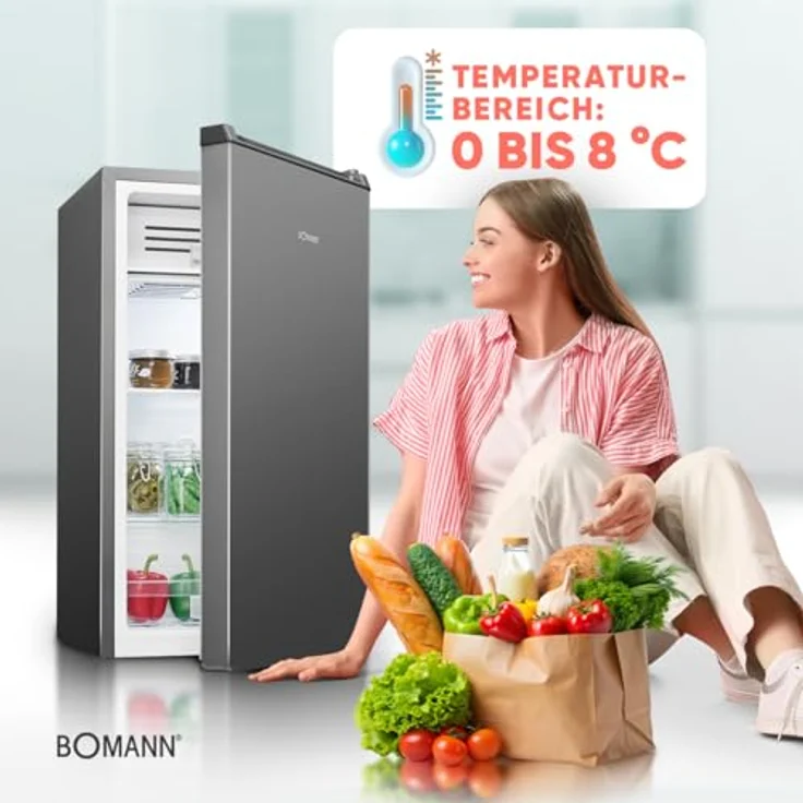 Bomann KS 7257, Kühlschrank klein mit Gefrierfach, 83L, temperaturregelbar von 0°C bis +8°C, grau, 2 Ablagen & 3 Türablagen – Bild 3