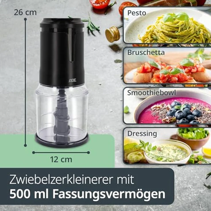 ADE Elektrischer Zerkleinerer, Gemüse- und Zwiebelschneider mit 400 W, 4 Edelstahlklingen, 500 ml, kompakt und benutzerfreundlich – Bild 3
