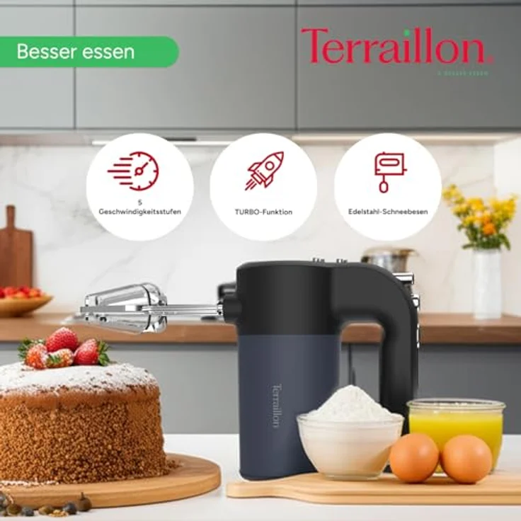 TERRAILLON New Moon Elektrischer Handmixer, Edelstahl-Schneebesen, 5 Geschwindigkeitsstufen, Turbo-Funktion, 400 W, Auswurfknopf, lackiertes Edelstahl-Gehäuse, blau – Bild 3